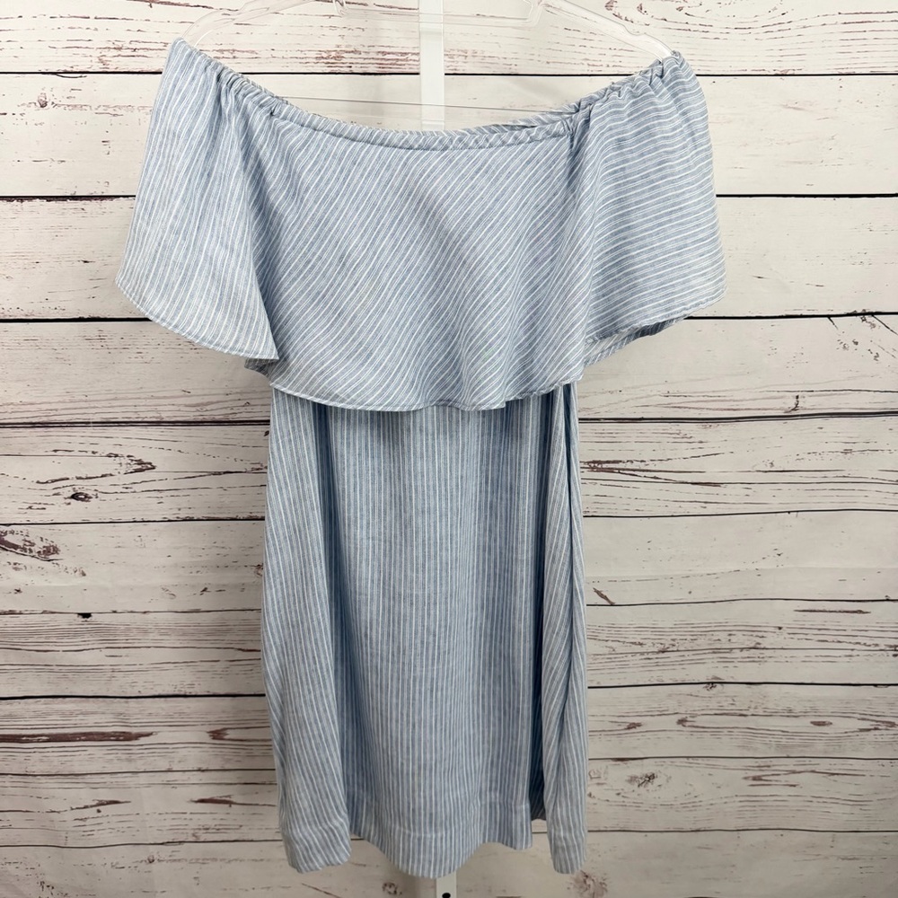 7 For All Mankind Off the Shoulder Light Blue & White Striped Mini Dress Medium - Picture 4 of 9